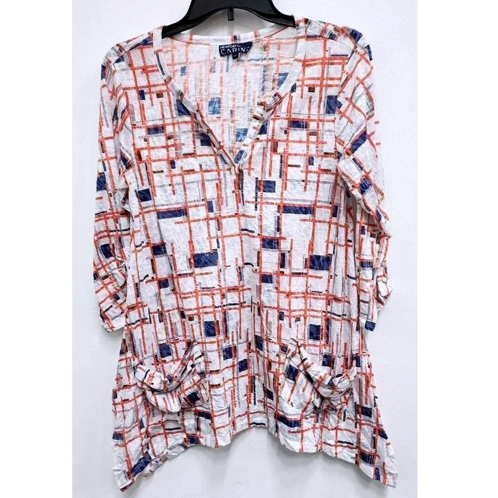 Newport by Carine Wearable Art Tunic Top Womens Large White Orange Abstract